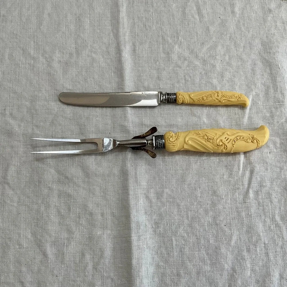 Universal Vintage Carving Set Faux Bone Celluloid Floral Scroll Stainless Steel